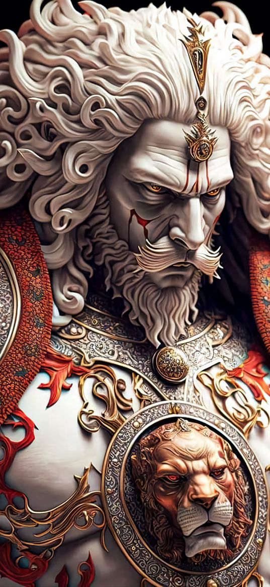 lion, warrior, man, patterns, curls, white, red, 3d, art