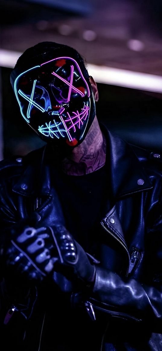 mask, crosses, neon, tattoo, biker, dark