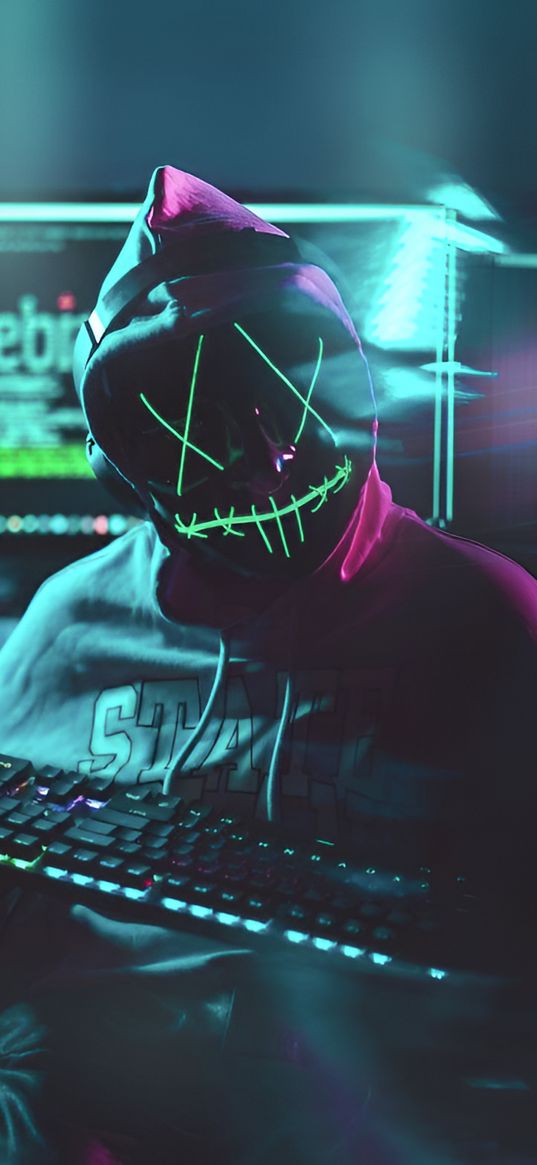 mask, crosses, computer, keyboard, hoodie, dark