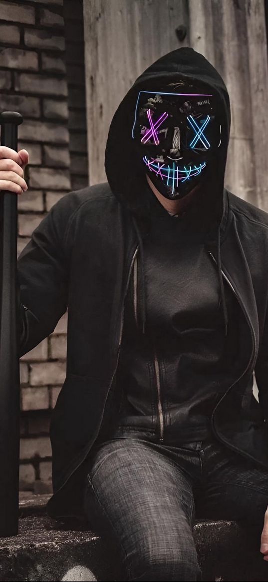 guy, mask, crosses, neon, hoodie, bit