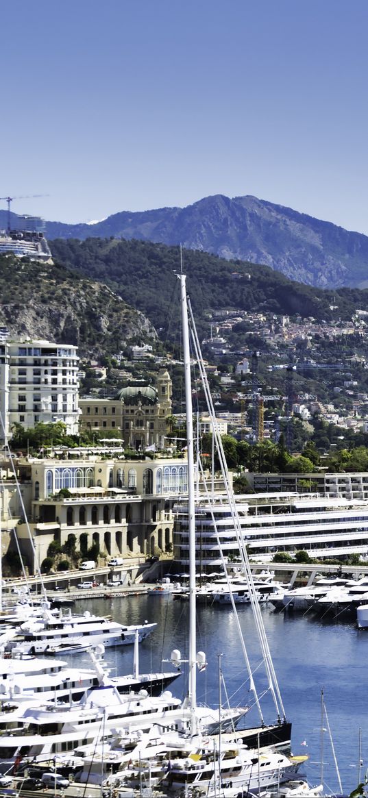 yachts, mast, bay, buildings, mountains