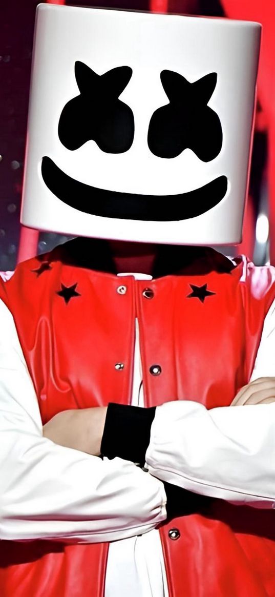 marshmallo, dj, mask, emoticon, jacket, red, white