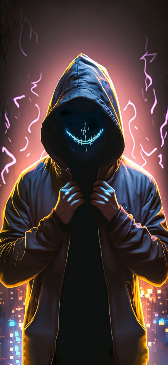 guy, hood, jacket, backlight, smile, dark