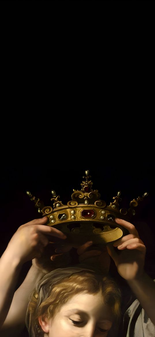 girl, queen, crown, hands, black background, picture, art