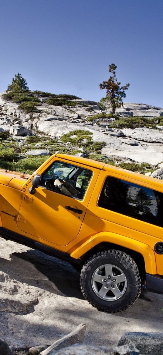 jeep, wrangler, yellow, mountains