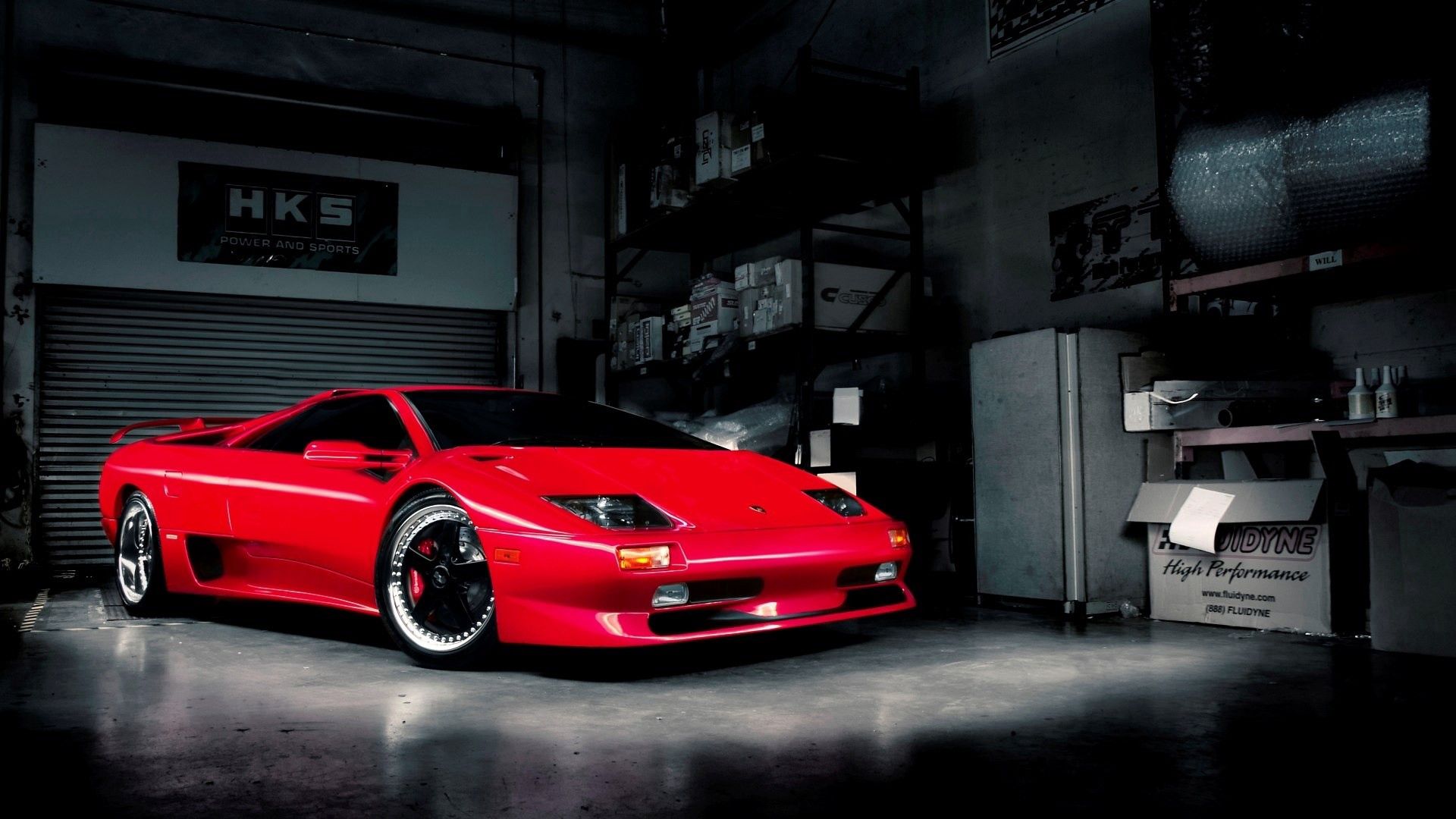 red, garage, car, lamborghini