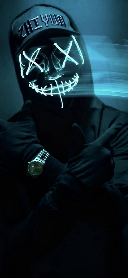 guy, mask, cap, neon, gesture, watch