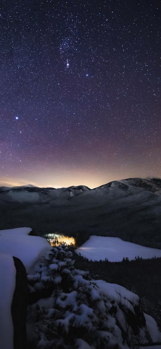 lake, snow, forests, hills, sunset, starry sky, winter, nature