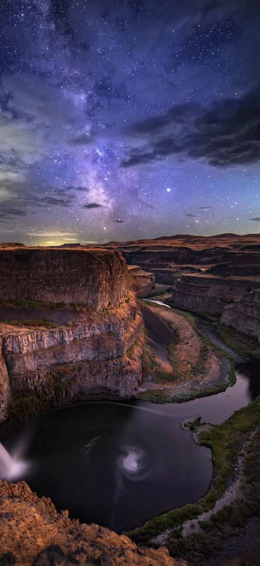 river, canyon, hills, cloudy sky, stars, nature