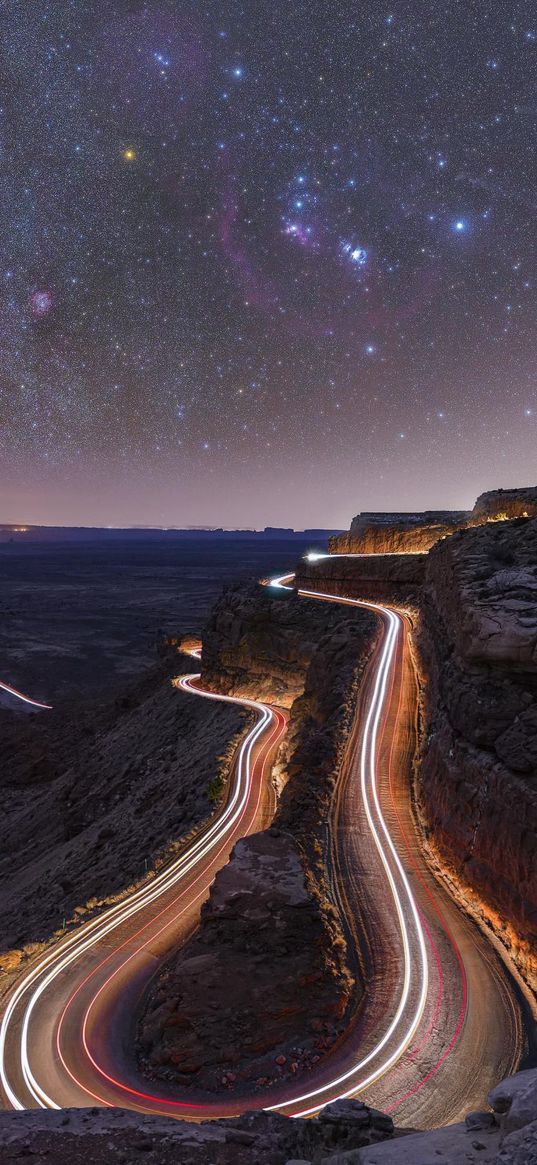 road, timelapse, hills, sunset, starry sky, night