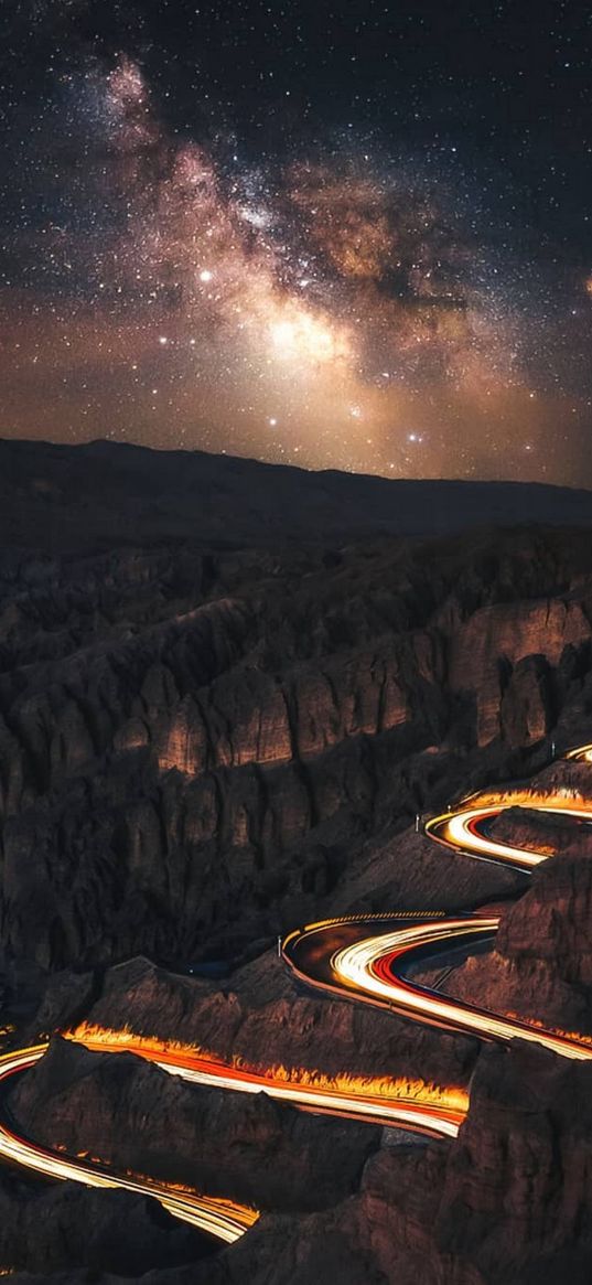 road, timelapse, canyon, starry sky, night, landscape