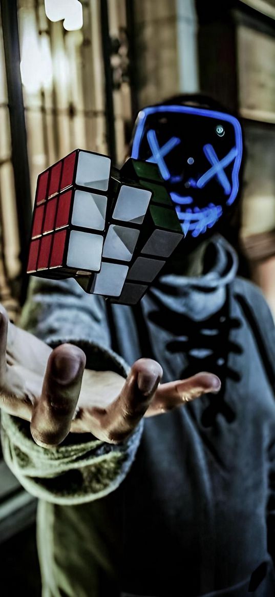 guy, mask, crosses, rubik's cube, night, dark, levitation