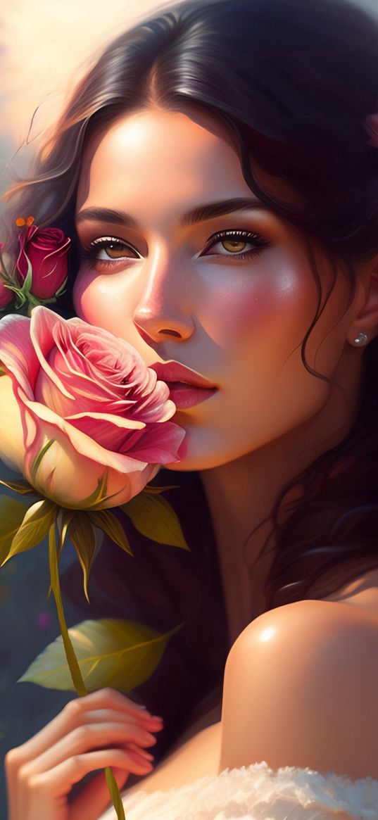 girl, brunette, rose, flower, portrait, art