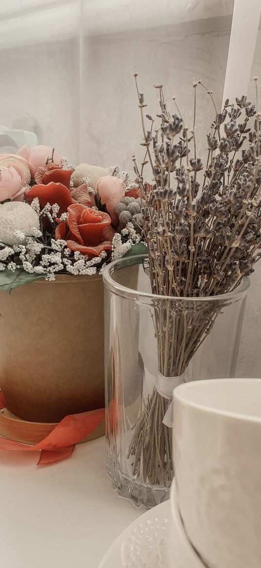 table, flowers, soap, dried flowers