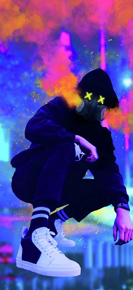 guy, gas mask, mask, crosses, glow, hoodie, sneakers, color