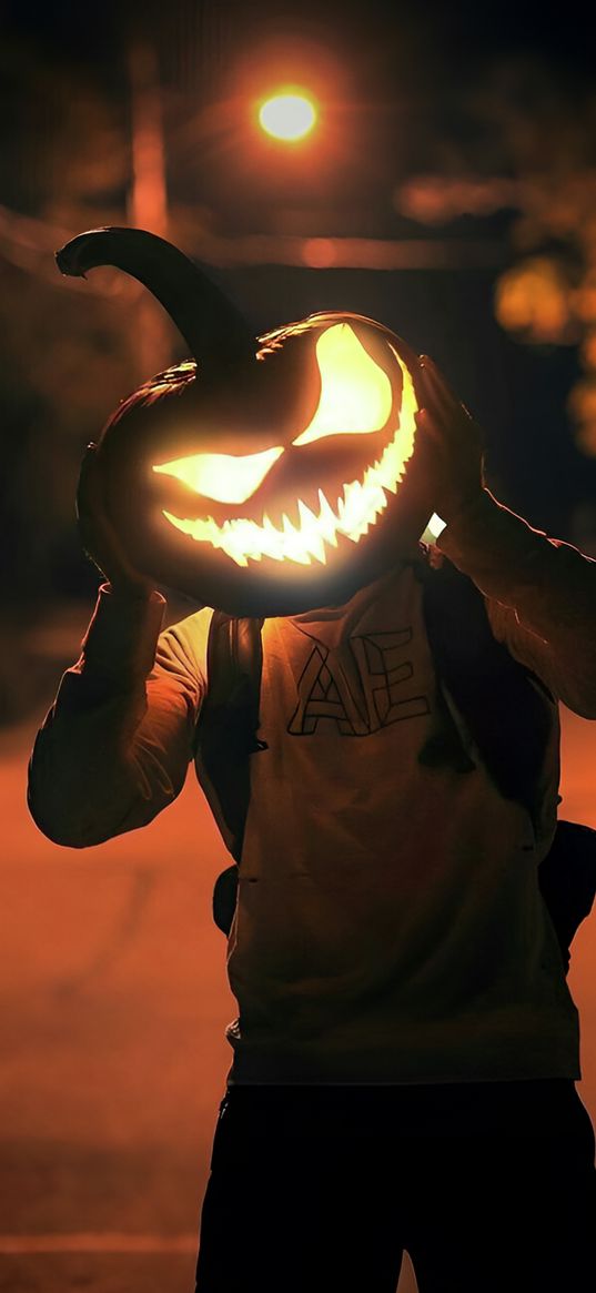 guy, pumpkin, jack o lantern, street, night, light