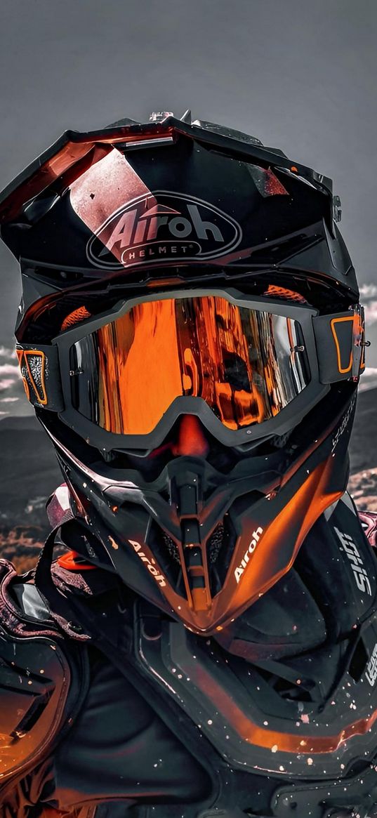 man, motorcyclist, helmet, mountains, black, orange