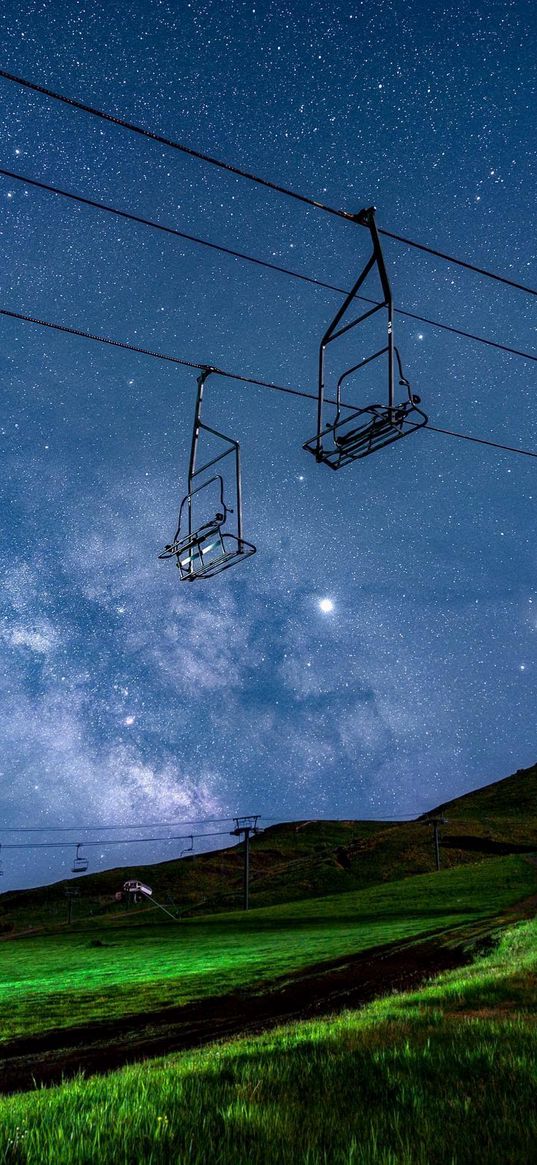 funicular, hills, mountains, milky way, starry sky, stars, night, landscape, nature