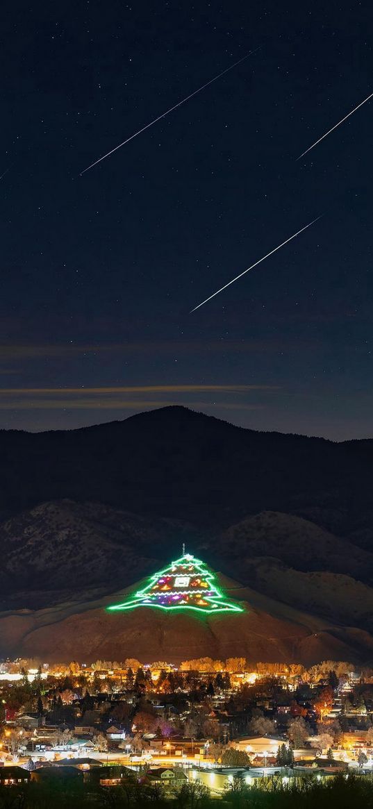 houses, city, lights, hills, mountain, tree, christmas decoration, comets, stars, landscape, night