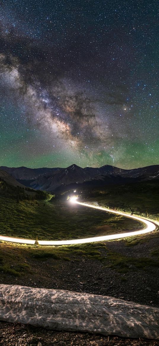 snow, road, lights, timelapse, trees, forest, hills, mountains, milky way, starry sky, stars, night, landscape, nature