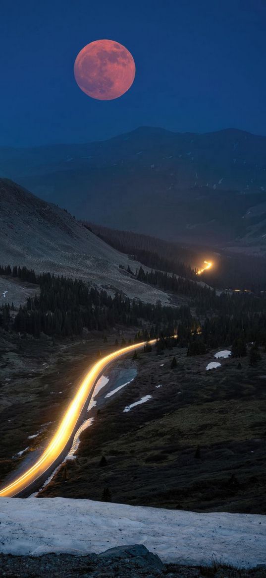 snow, road, lights, timelapse, trees, forest, hills, mountains, moon, sky, night, landscape, nature