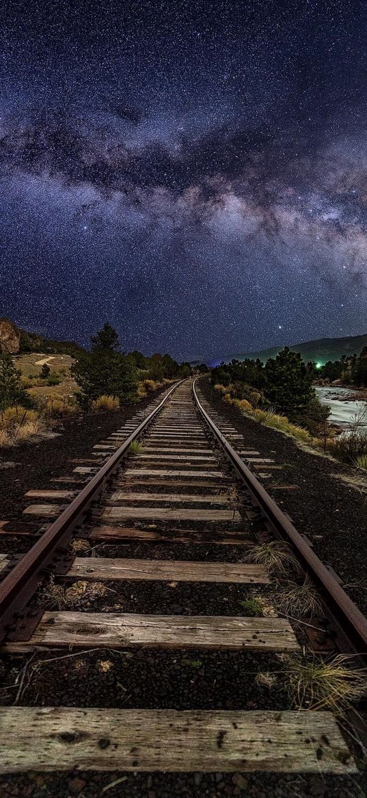 railroad, trees, forest, milky way, starry sky, stars, night, nature