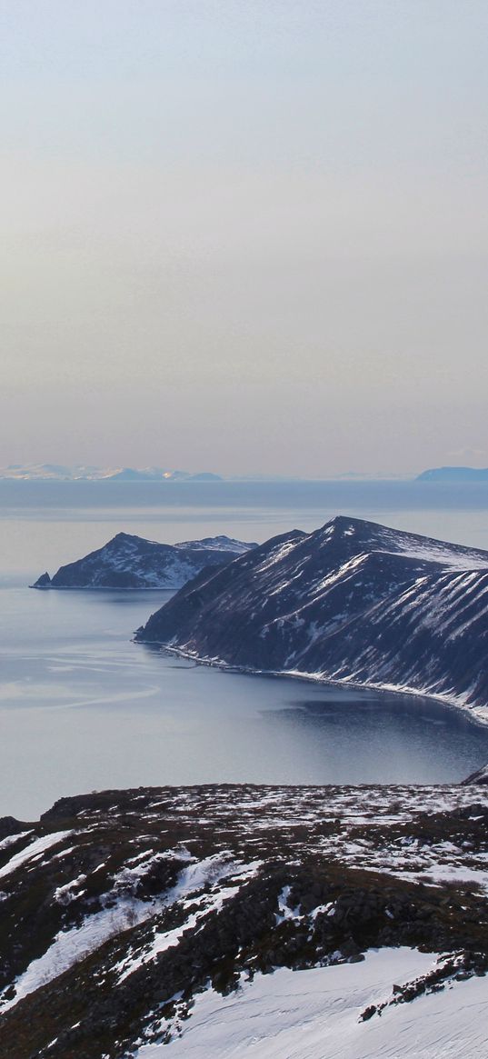 sea, ice, mountains, snow, sun, clouds, sky, north, landscape, nature