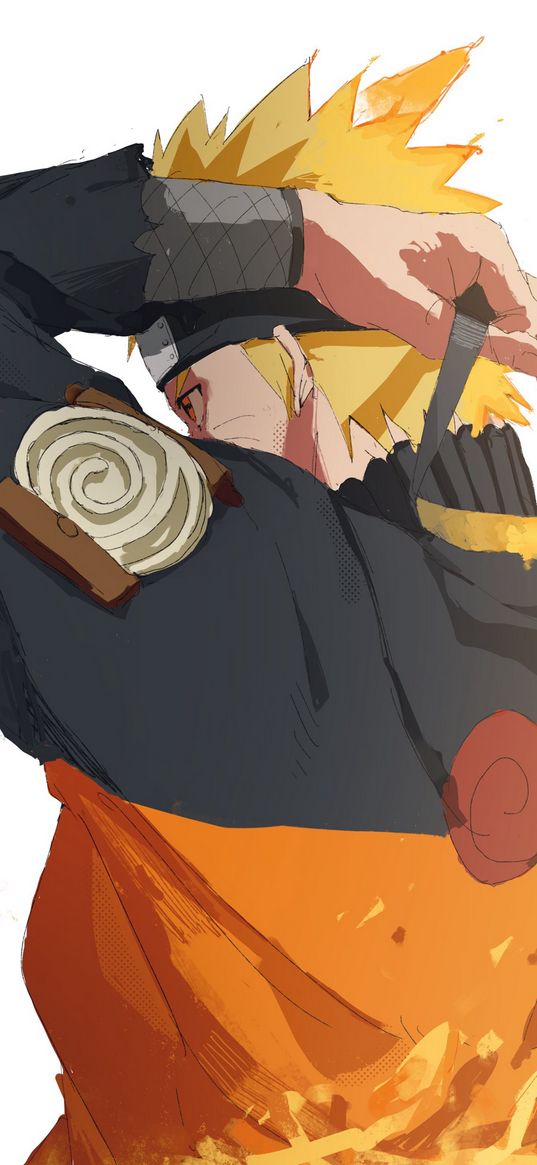 naruto uzumaki, anime, guy, warrior, headband, fire, white background, art