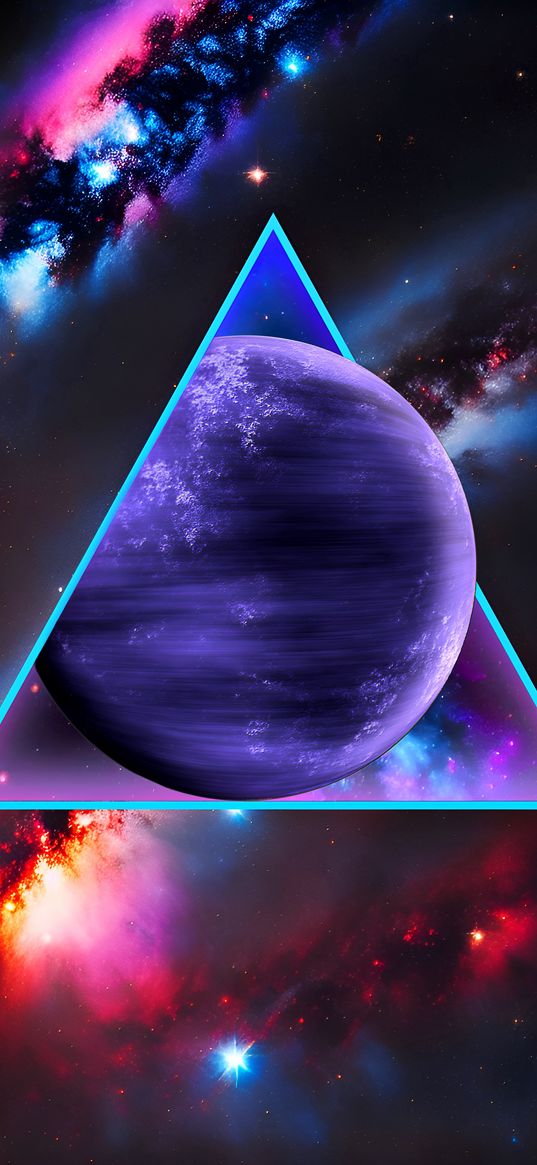 planet, space, triangle, nebula, purple, blue