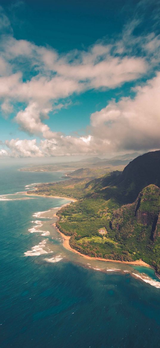 island, coast, sea, mountains, clouds, blue sky, landscape