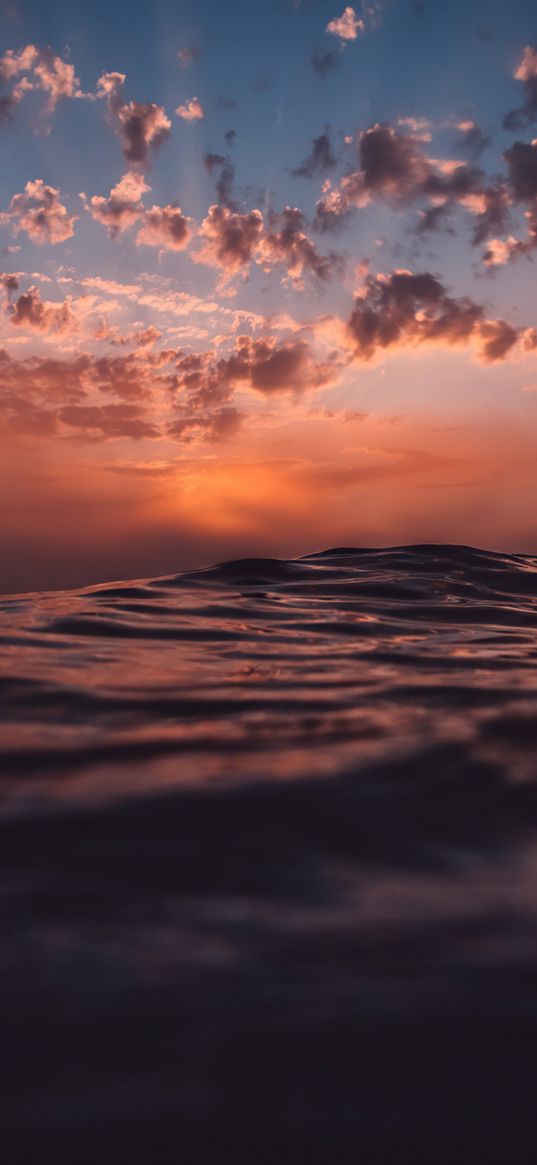 sea, waves, sunset, clouds, sun rays, orange