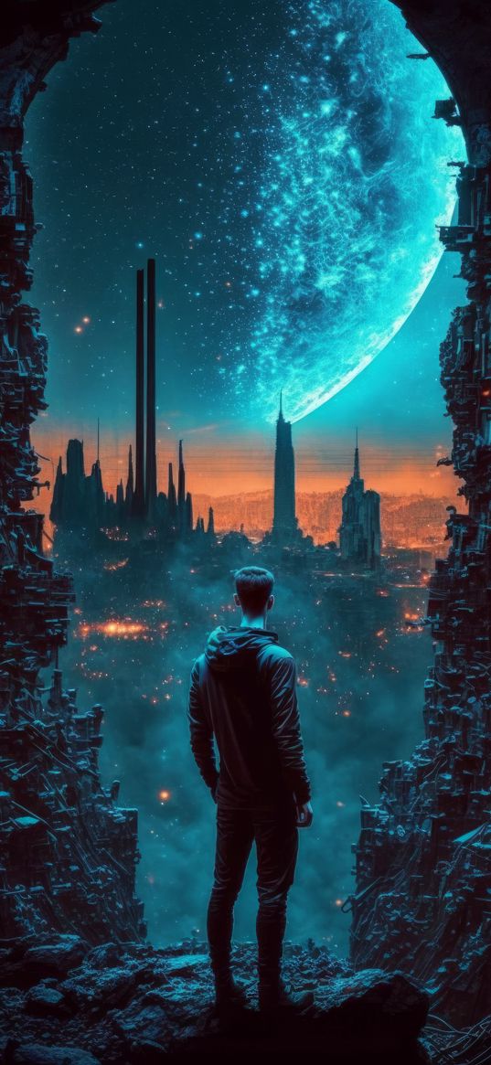 men, planet, city, artwork