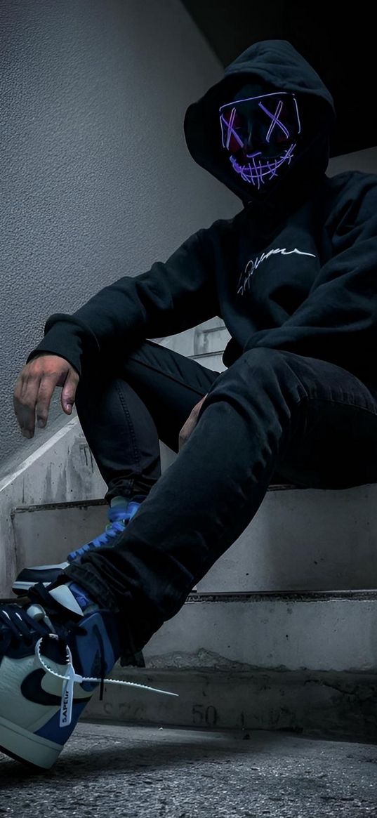 anonymous, guy, mask, neon, hood, hoodie, sneakers, nike, stairs