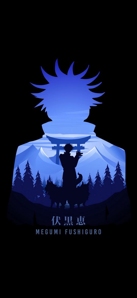 fushiguro megumi, magic battle, anime, guy, wolves, forest, mountains, silhouette, blue, black background, art