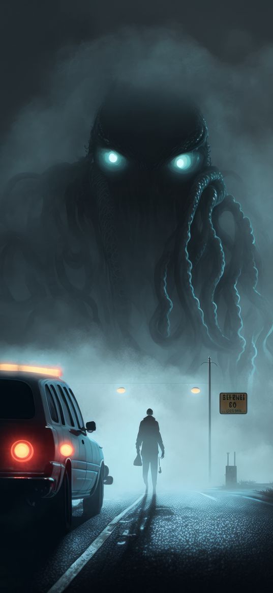 cthulhu, monster, man, road, car, fog, night, horror, ai, art