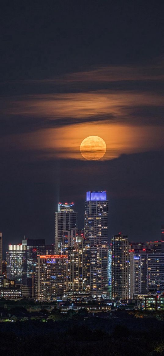 city, buildings, cloudy sky, moon