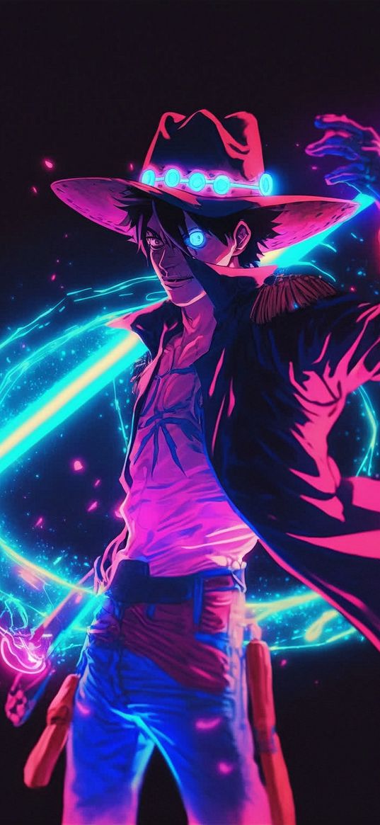 luffy, one piece, anime, neon, glowing eyes