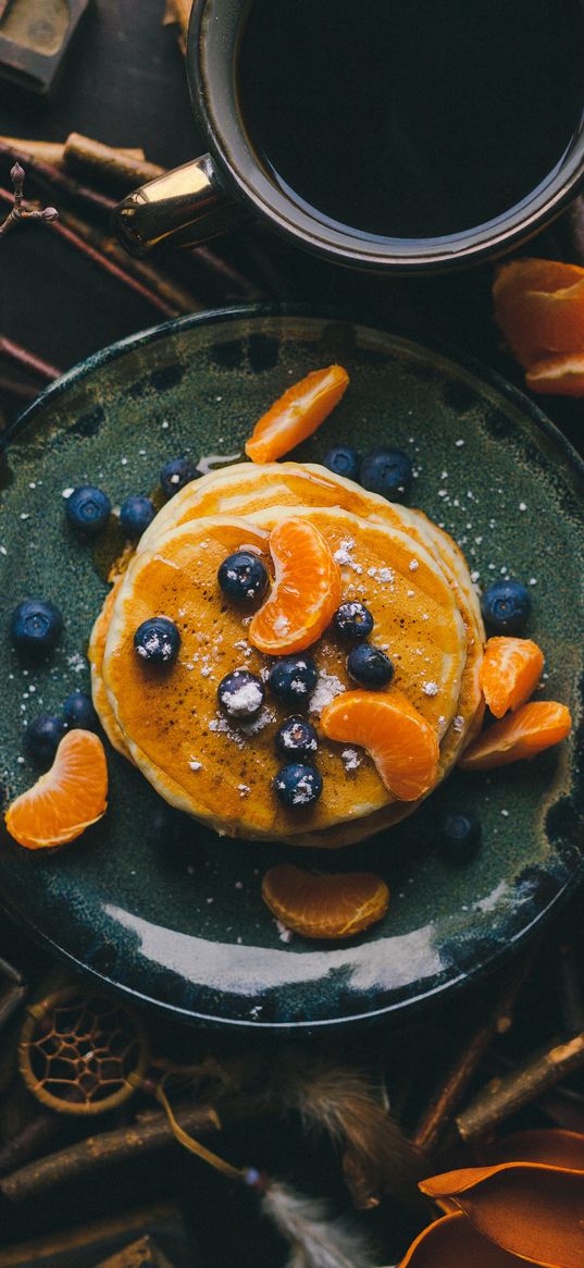 pancakes, blueberries, mandarins, slices, dessert