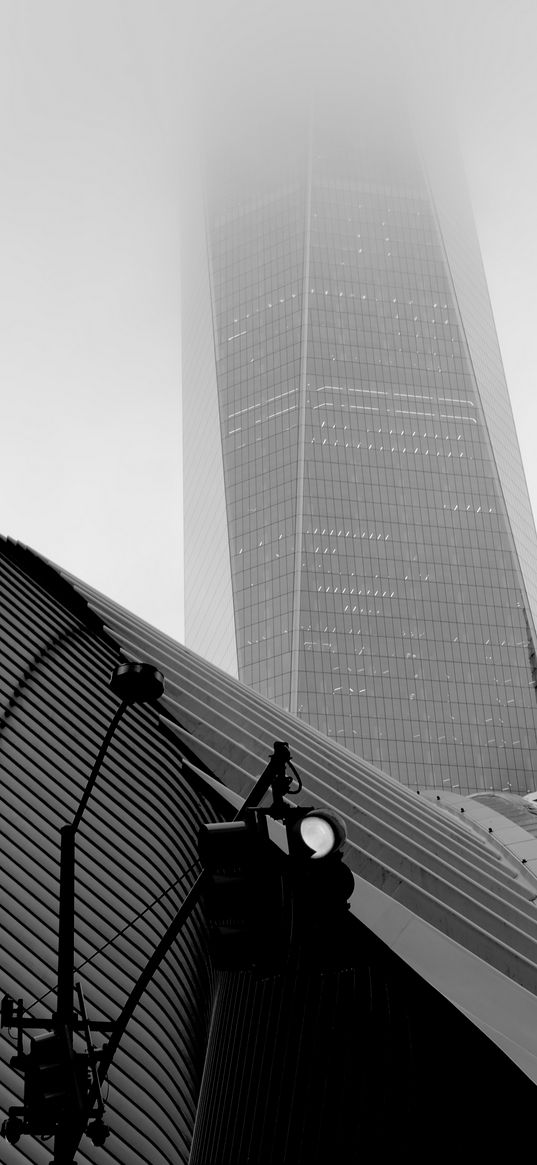 skyscraper, fog, roof, spotlight, black and white