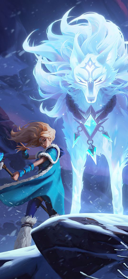 crystal maiden, wolf, girl, snow, art, dota 2