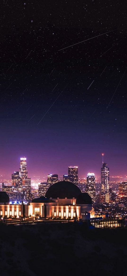 observatory, los angeles, skyscrapers, lights, city, starfall, starry sky, stars, night, landscape