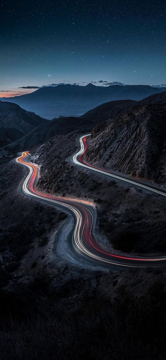 road, lights, timelapse, hills, mountains, valley, starry sky, stars, landscape, night, nature