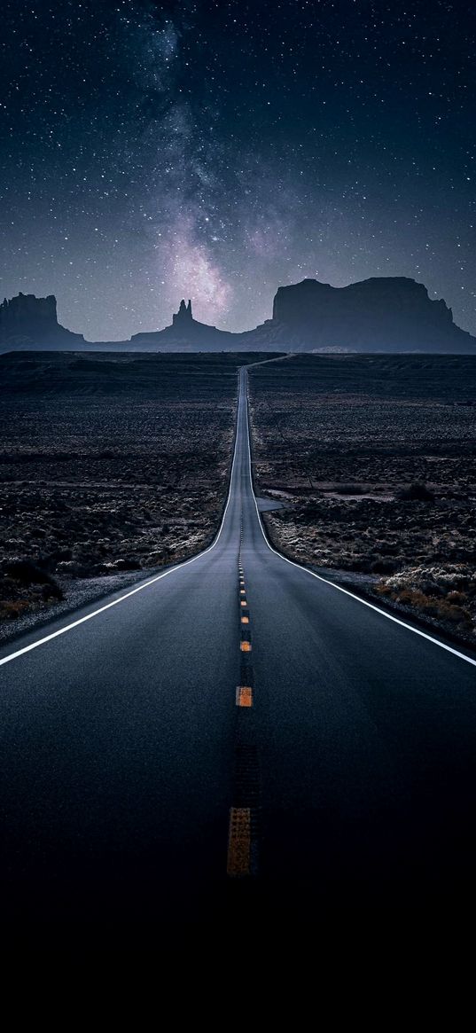 road, savannah, mountains, horizon, milky way, starry sky, stars, night, landscape, nature