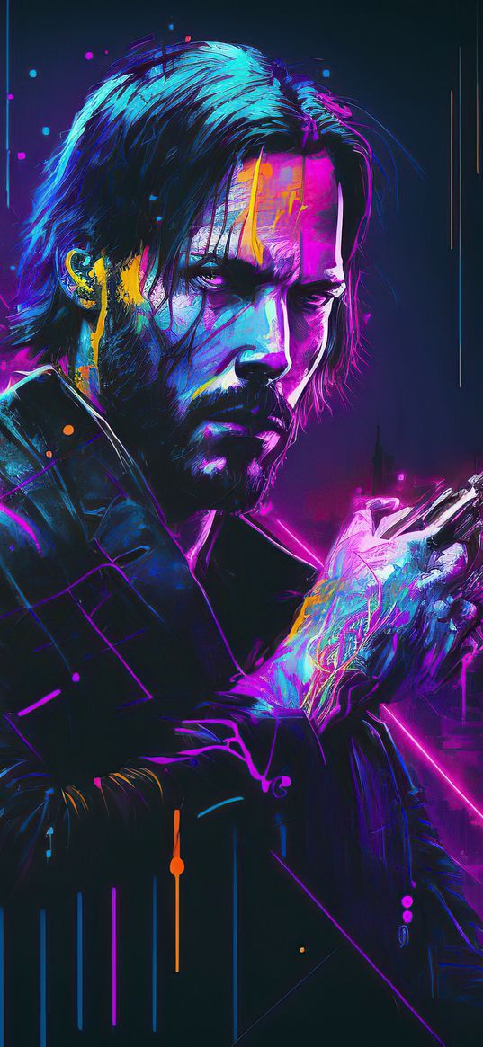 john wick, film, character, glitch, drops, pink, blue, yellow