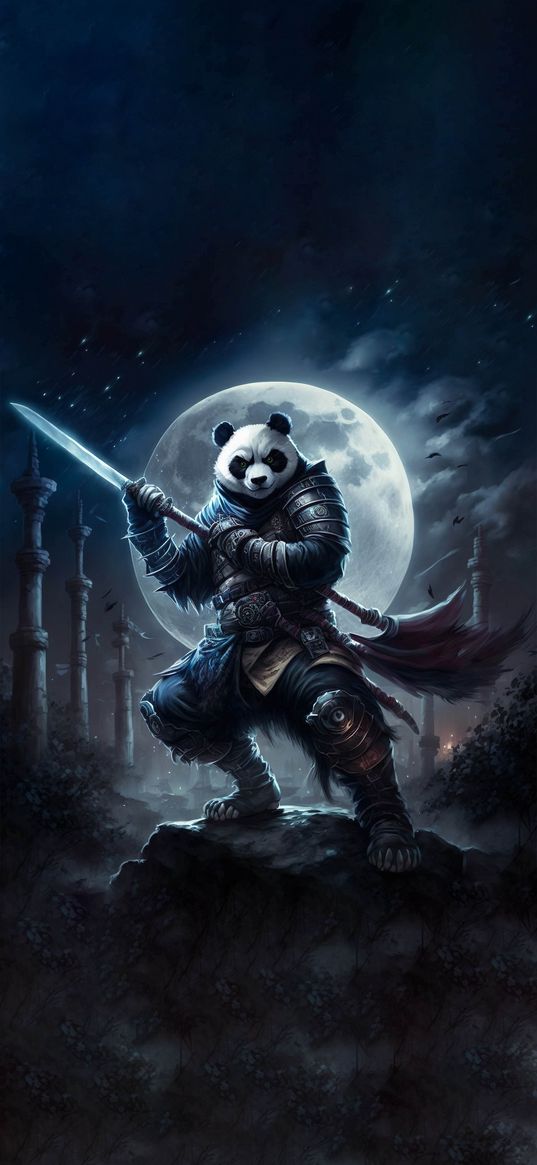 panda, animal, samurai, warrior, armor, moon, night, art