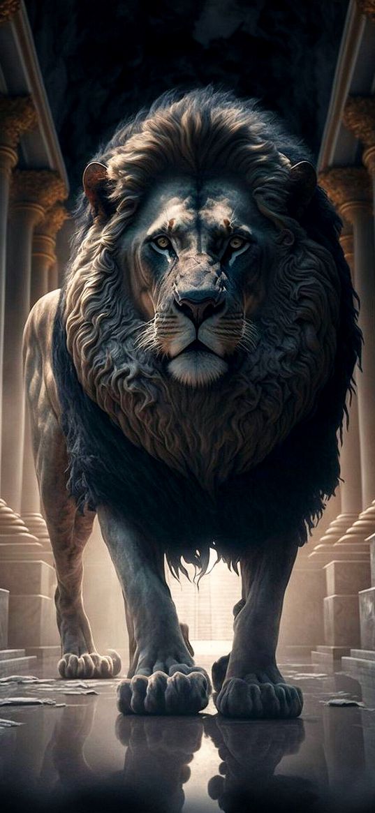 lion, animal, predator, temple, columns, art