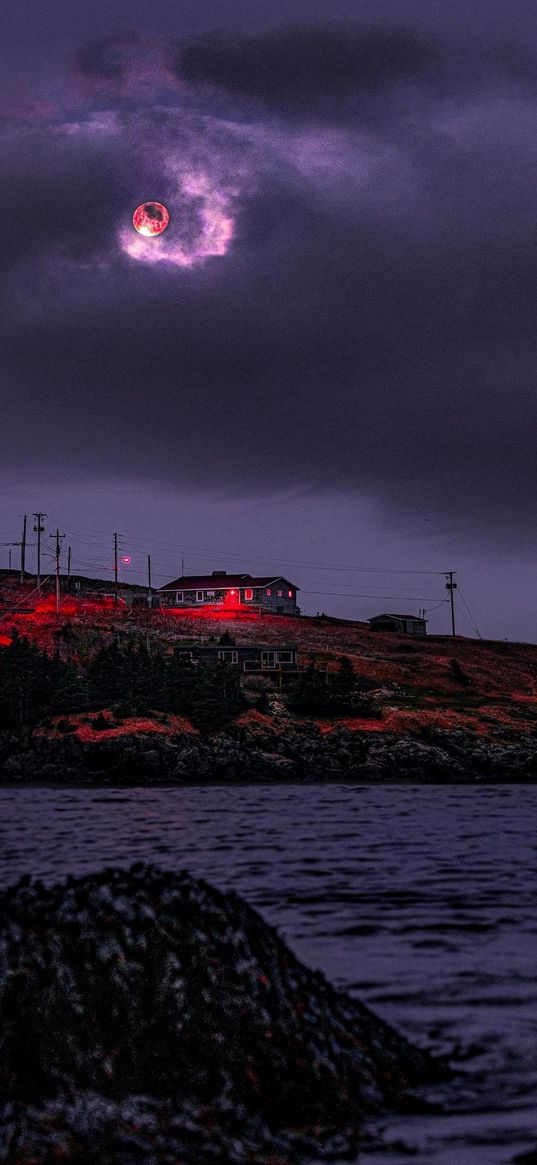 river, hill, house, electric pole, cloudy sky, moon, night, nature, landscape