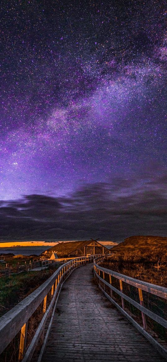 path, bushland, house, starry sky, clouds, night