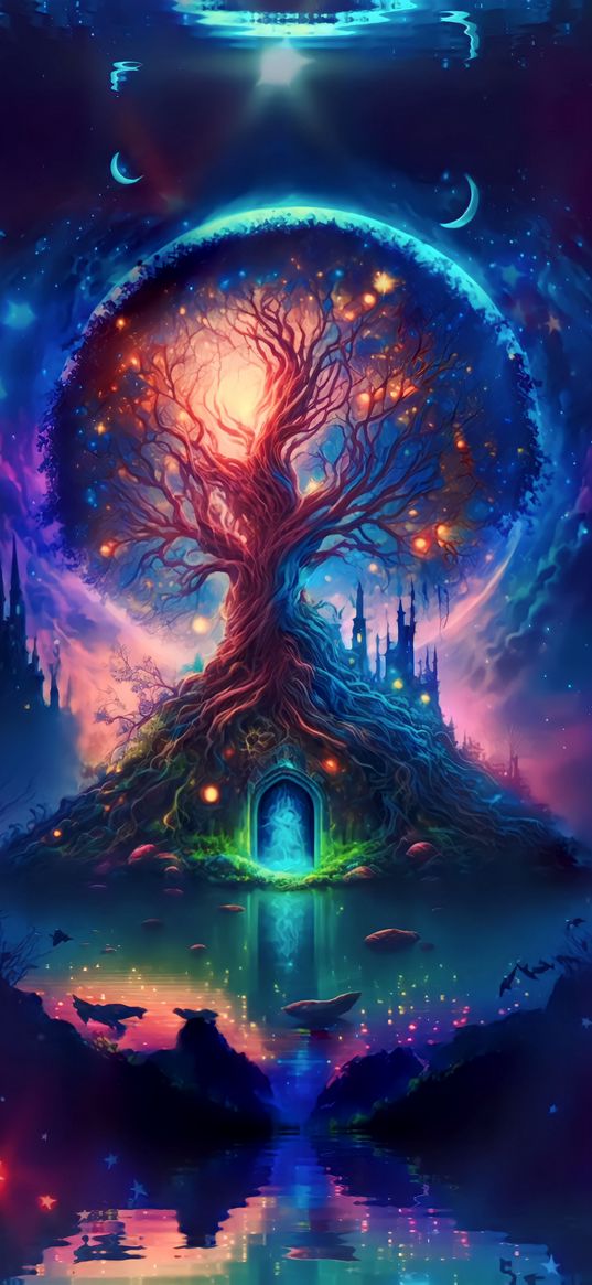 tree, door, island, lake, castle, planet, moon, fantasy, ai art