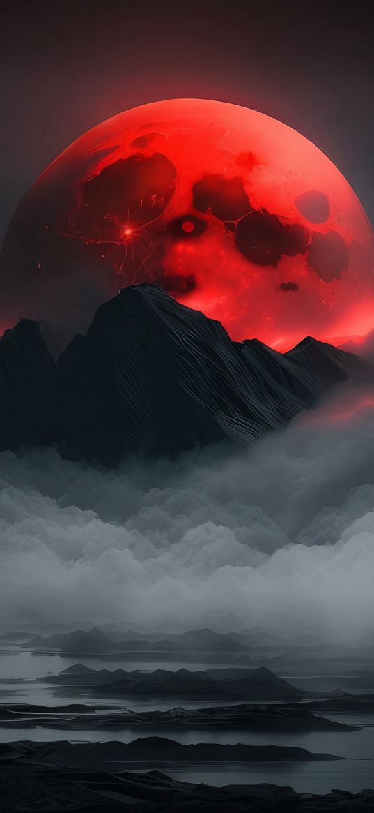 lake, fog, mountains, red moon, clouds, night, nature, ai, art